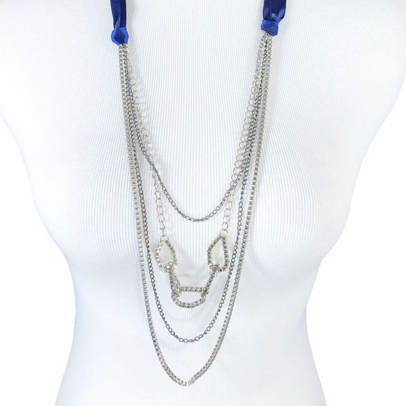 Claire's Multi Strand Necklace Blue Ribbon Chains - Picture 2 of 6